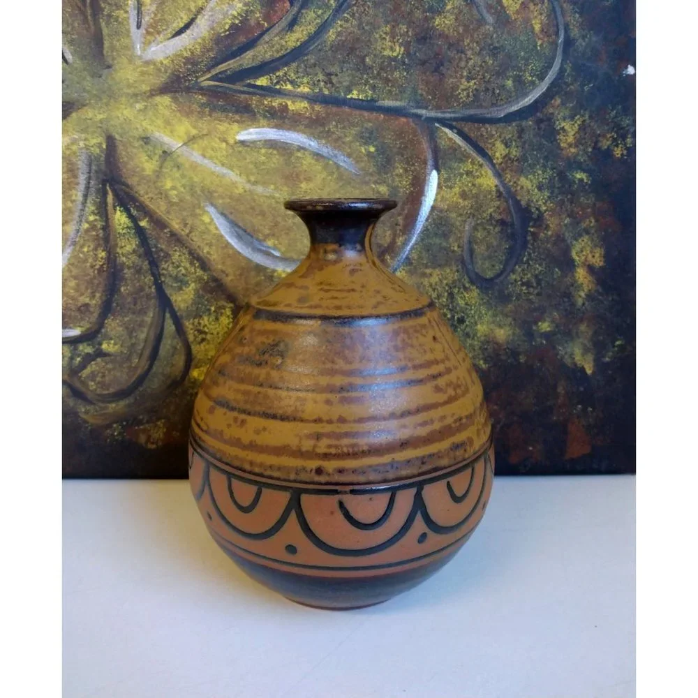 Studio Art Pottery Vase Narrow Neck Brown Stoneware Rustic Southwestern Decor